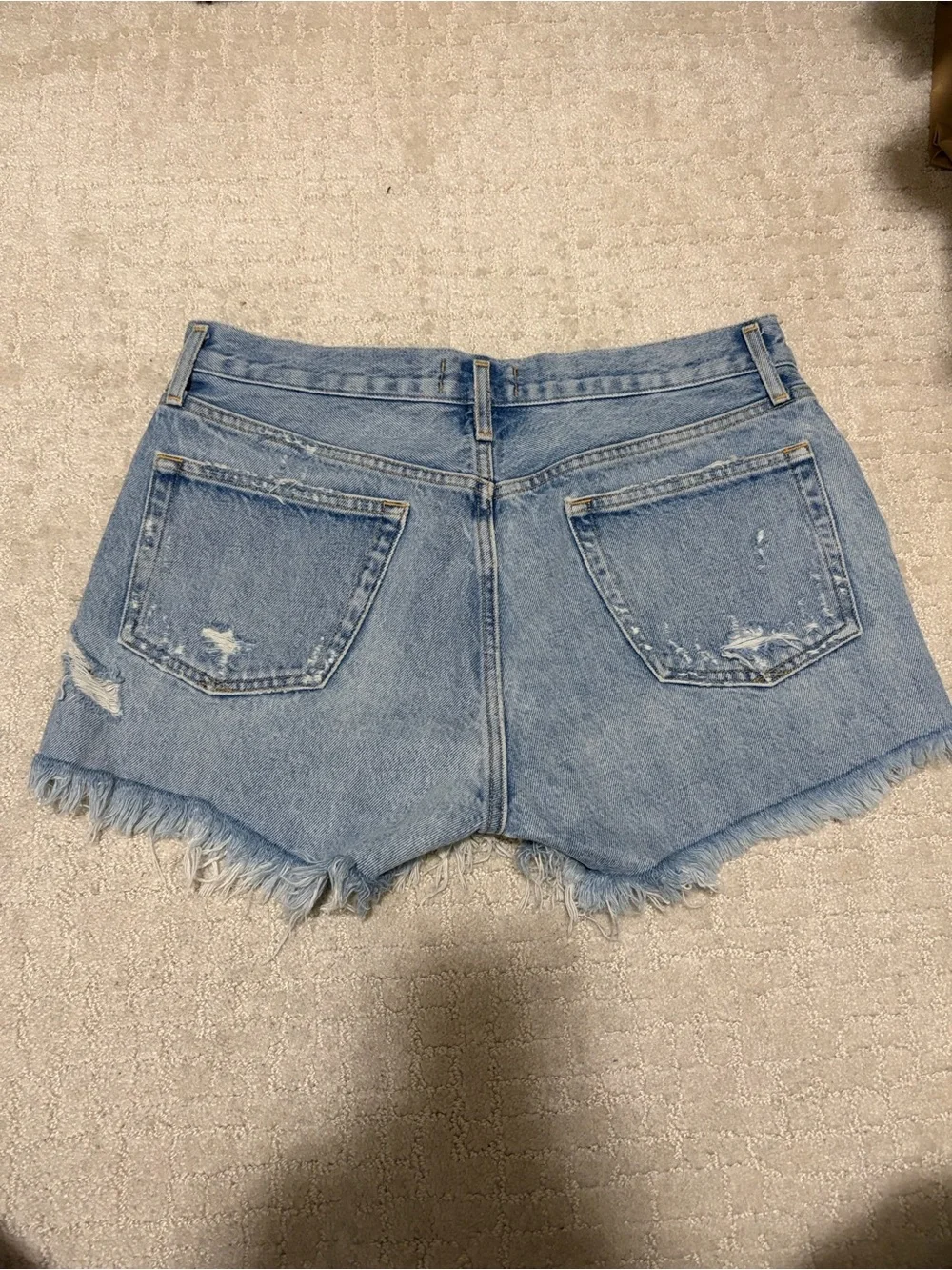Agolde Parker Long Light Blue Distressed Denim Shorts